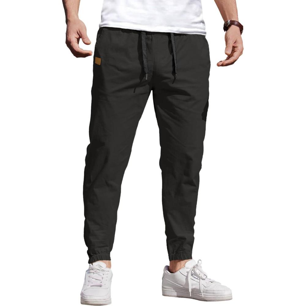 imageCOOFANDY Mens Casual Joggers Pants Cotton Chino Cargo Sweatpants Hiking Outdoor Track Drawstring PantsBlack