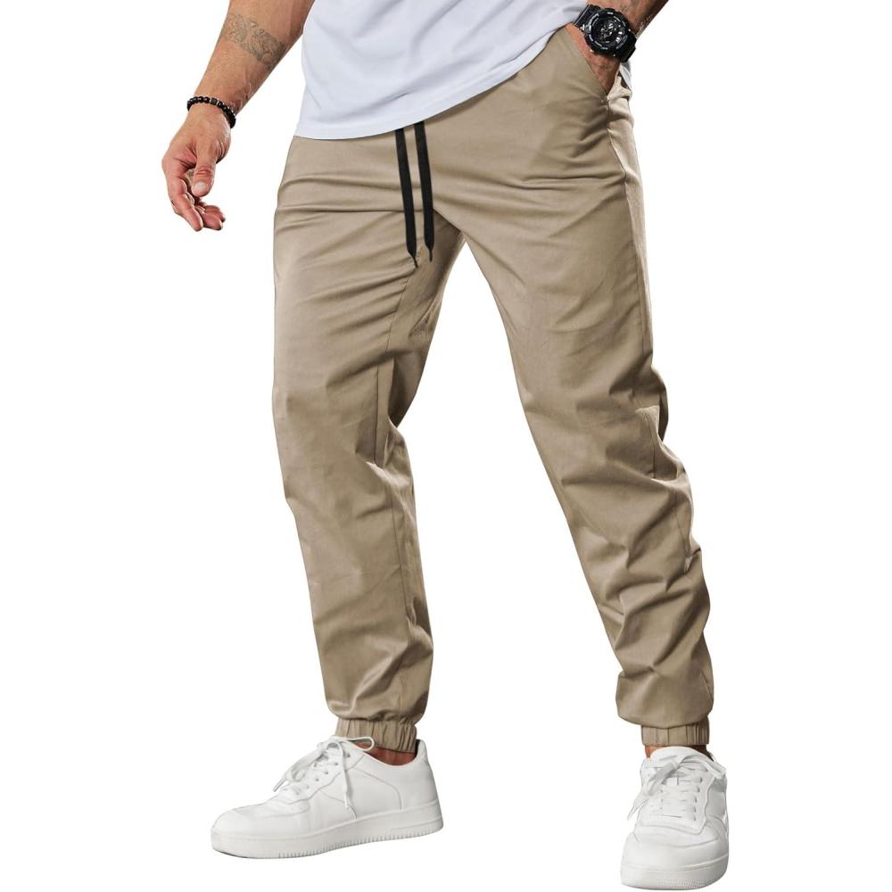 imageCOOFANDY Mens Casual Joggers Pants Cotton Chino Cargo Sweatpants Hiking Outdoor Track Drawstring PantsCamel