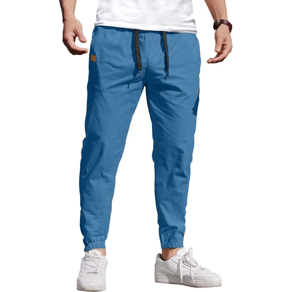 imageCOOFANDY Mens Casual Joggers Pants Cotton Chino Cargo Sweatpants Hiking Outdoor Track Drawstring PantsLake Blue