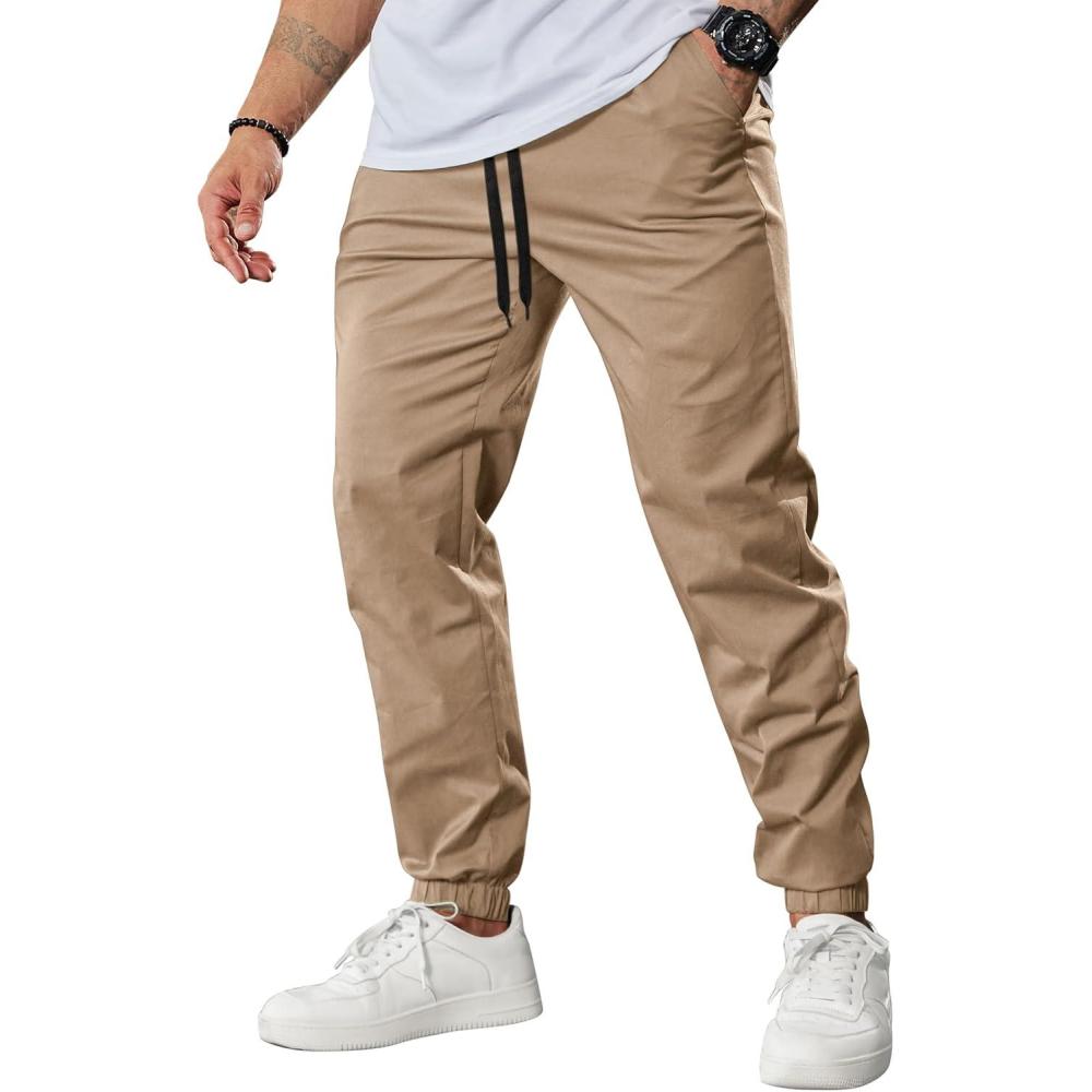 imageCOOFANDY Mens Casual Joggers Pants Cotton Chino Cargo Sweatpants Hiking Outdoor Track Drawstring PantsLiggt Khaki