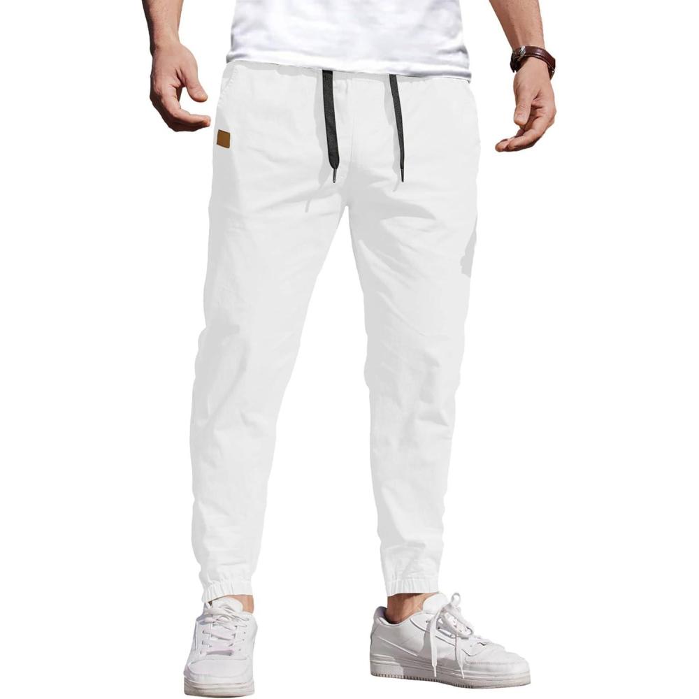imageCOOFANDY Mens Casual Joggers Pants Cotton Chino Cargo Sweatpants Hiking Outdoor Track Drawstring PantsWhite