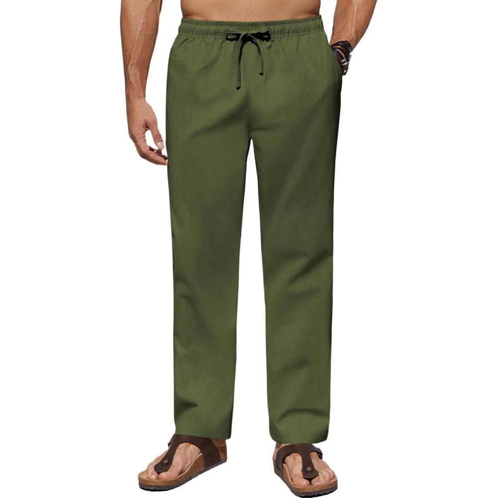imageCOOFANDY Mens Casual Linen Pants Elastic Waist Drawstring Beach Summer Pants Lightweight Linen TrousersArmy Green
