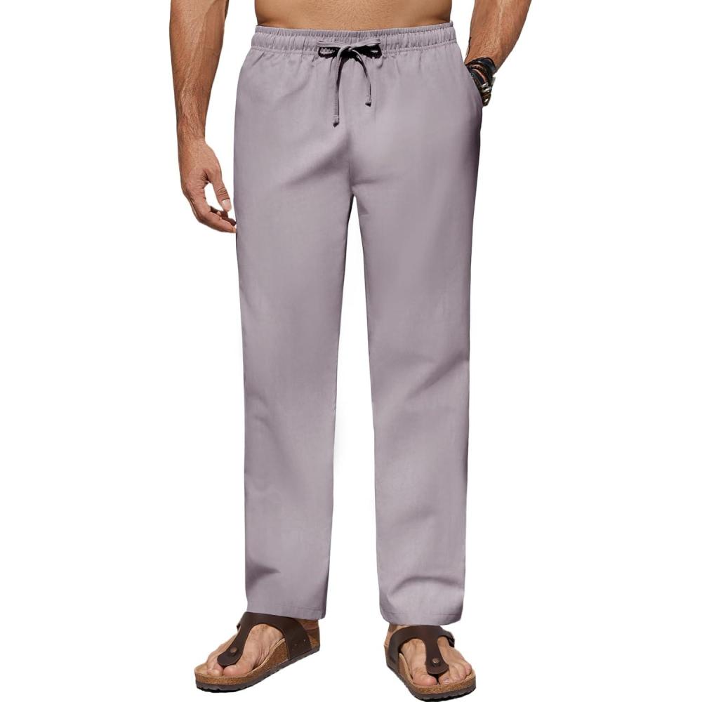 imageCOOFANDY Mens Casual Linen Pants Elastic Waist Drawstring Beach Summer Pants Lightweight Linen TrousersLight Gray