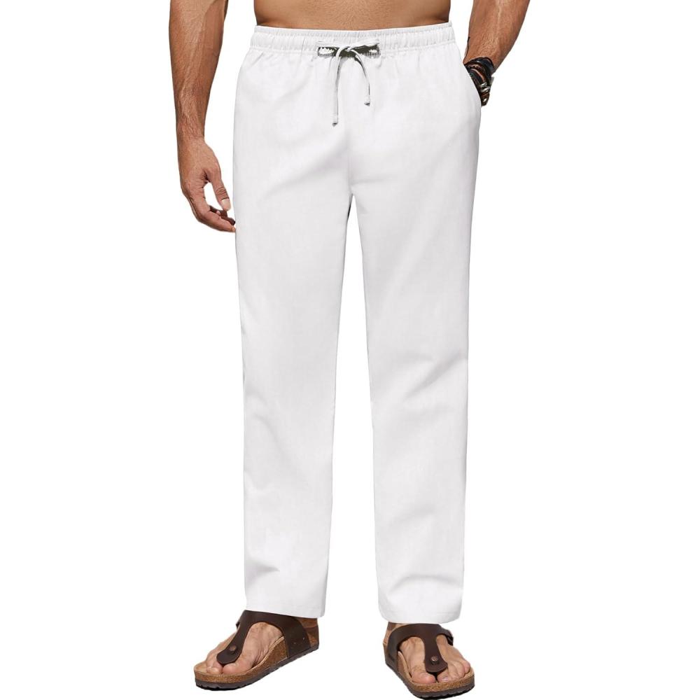 imageCOOFANDY Mens Casual Linen Pants Elastic Waist Drawstring Beach Summer Pants Lightweight Linen TrousersWhite