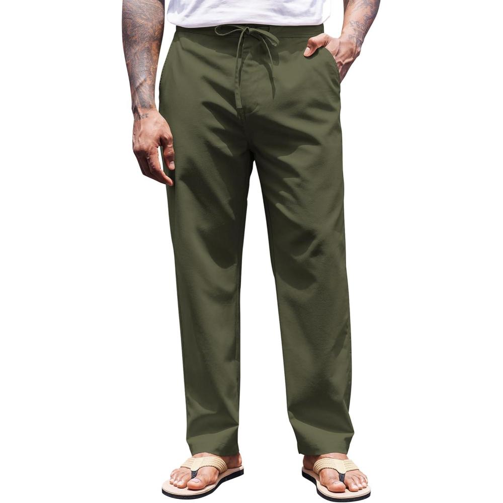 imageCOOFANDY Mens Casual Linen Pants Elastic Waist Drawstring Yoga Beach Pants Lightweight Loose Fit Trousers with PocketsArmy Green