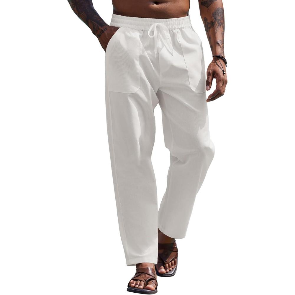 imageCOOFANDY Mens Casual Linen Pants Elastic Waist Drawstring Yoga Beach Pants Lightweight Loose Fit Trousers with PocketsAwhite