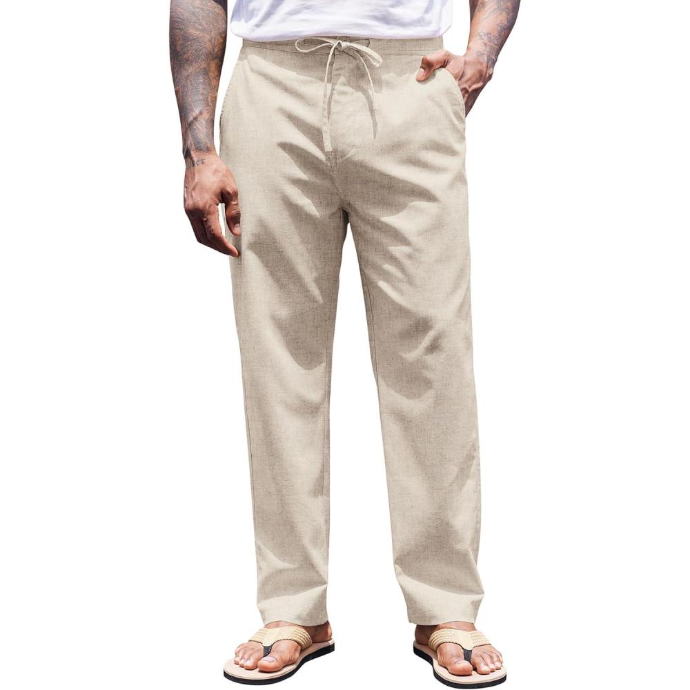 imageCOOFANDY Mens Casual Linen Pants Elastic Waist Drawstring Yoga Beach Pants Lightweight Loose Fit Trousers with PocketsBeige