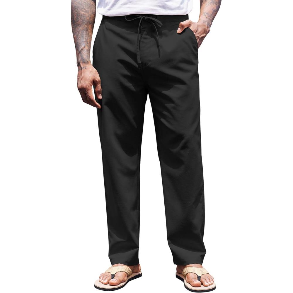 imageCOOFANDY Mens Casual Linen Pants Elastic Waist Drawstring Yoga Beach Pants Lightweight Loose Fit Trousers with PocketsBlack