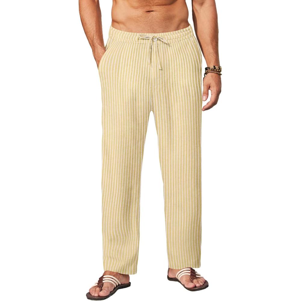 imageCOOFANDY Mens Casual Linen Pants Elastic Waist Drawstring Yoga Beach Pants Lightweight Loose Fit Trousers with PocketsKhaki White Stripe