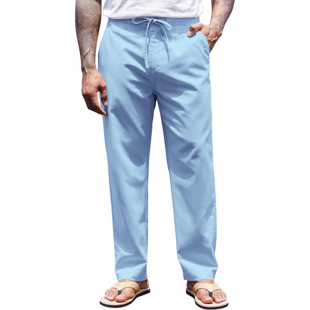 imageCOOFANDY Mens Casual Linen Pants Elastic Waist Drawstring Yoga Beach Pants Lightweight Loose Fit Trousers with PocketsLight Blue