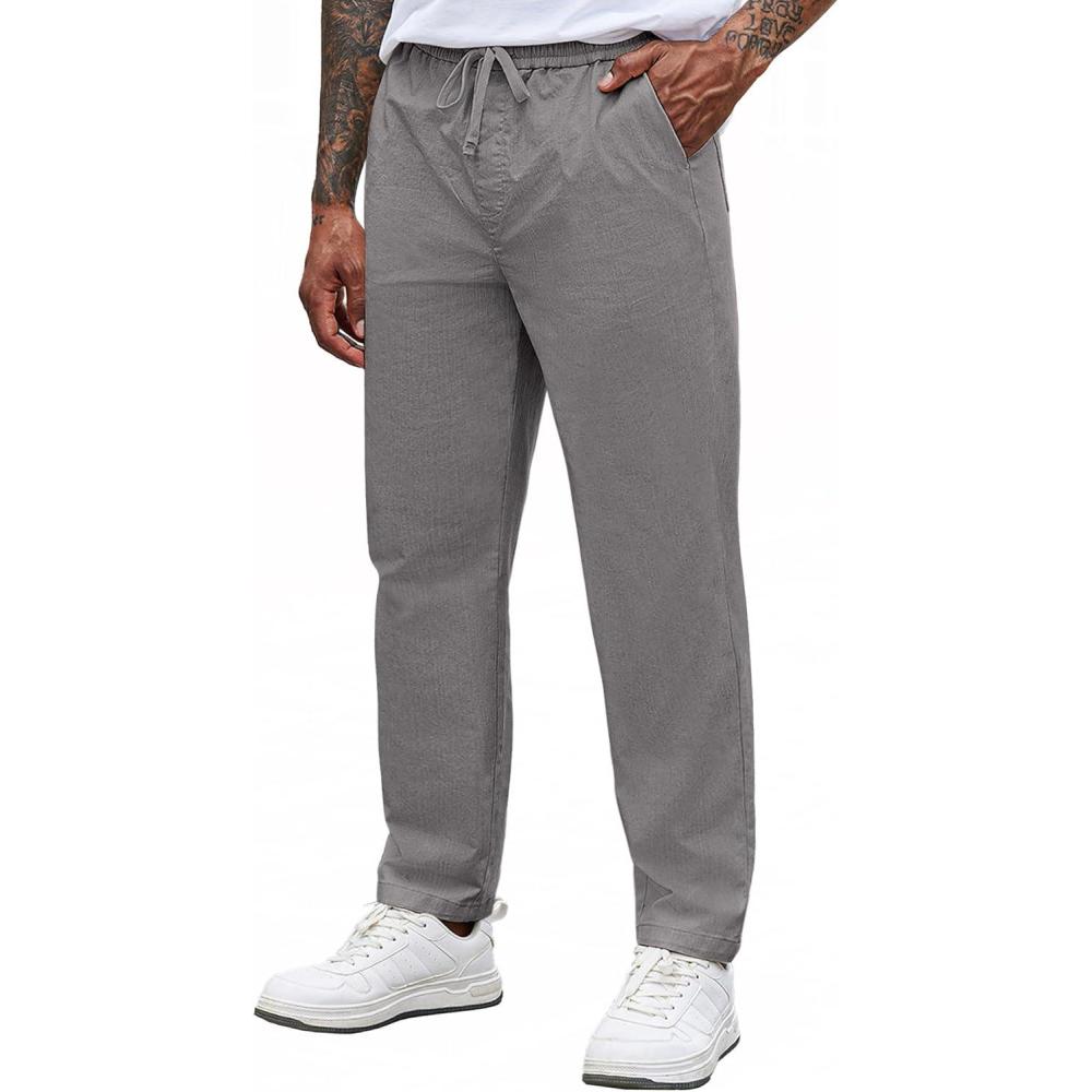 imageCOOFANDY Mens Casual Pants Elastic Waist Drawstring Chino Pants Cotton Twill Trousers with PocketsLight Grey