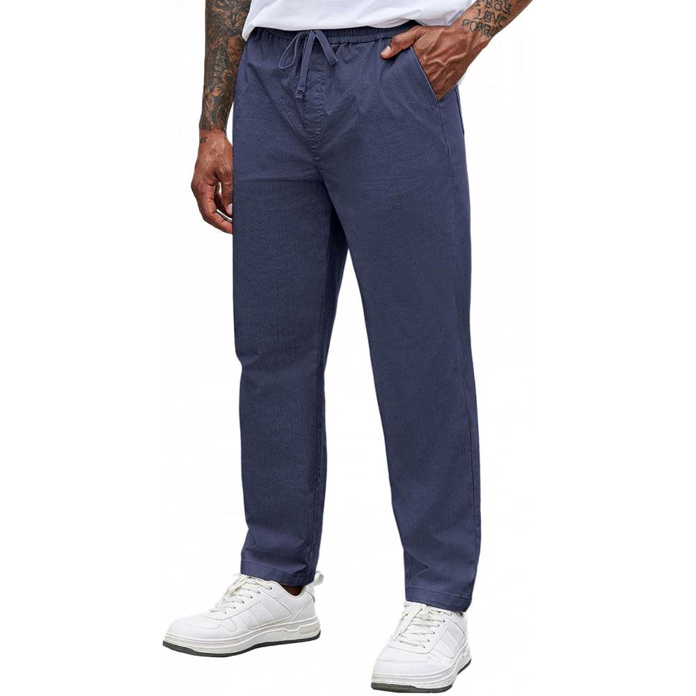 imageCOOFANDY Mens Casual Pants Elastic Waist Drawstring Chino Pants Cotton Twill Trousers with PocketsNavy Blue