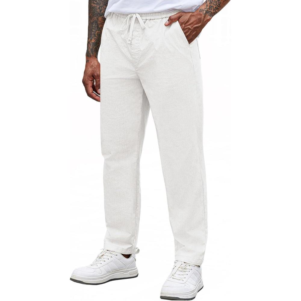 imageCOOFANDY Mens Casual Pants Elastic Waist Drawstring Chino Pants Cotton Twill Trousers with PocketsWhite