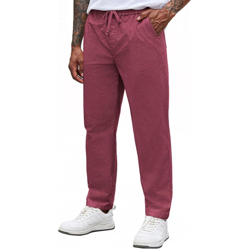 imageCOOFANDY Mens Casual Pants Elastic Waist Drawstring Chino Pants Cotton Twill Trousers with PocketsWine Red