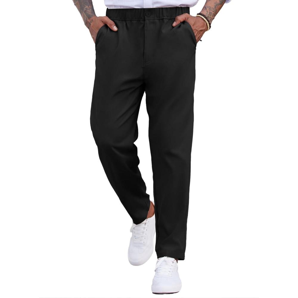 imageCOOFANDY Mens Casual Pants Relaxed Fit Flat Front Expandable Waist Chino Slack TrousersBlack