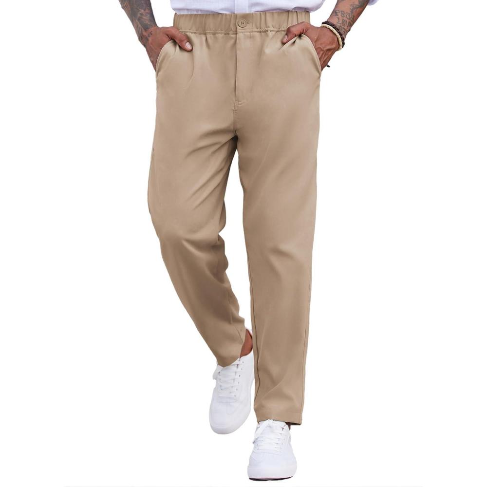 imageCOOFANDY Mens Casual Pants Relaxed Fit Flat Front Expandable Waist Chino Slack TrousersKhaki