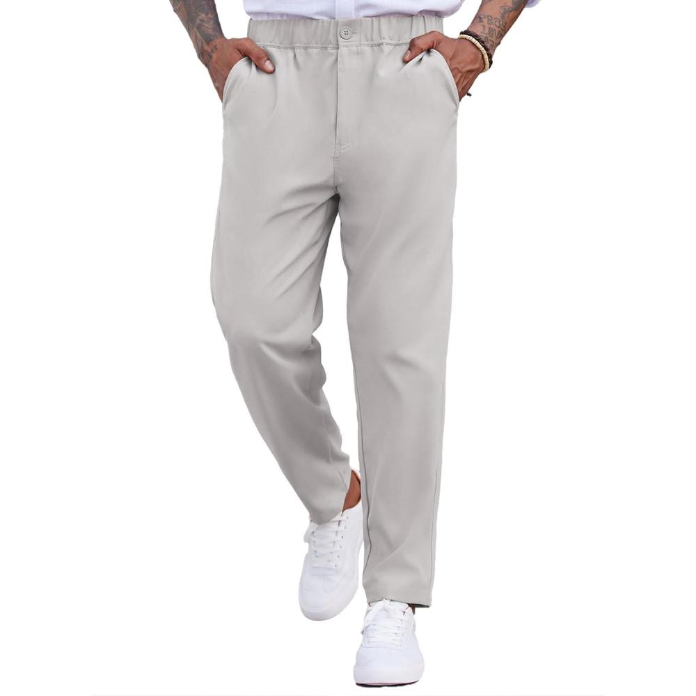 imageCOOFANDY Mens Casual Pants Relaxed Fit Flat Front Expandable Waist Chino Slack TrousersLight Grey