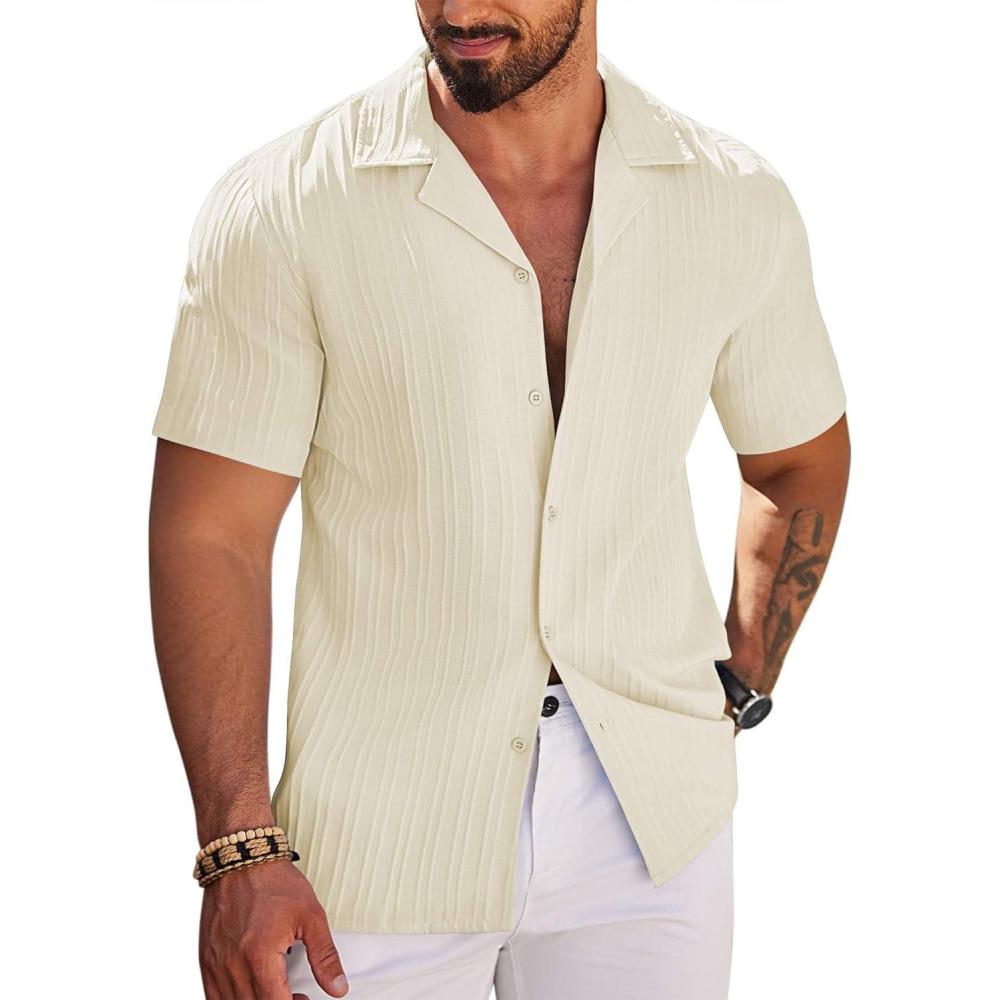 imageCOOFANDY Mens Casual Shirts Short Sleeve Button Down Shirts Fashion Textured Summer Beach ShirtBeige