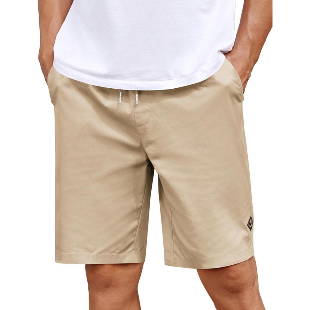imageCOOFANDY Mens Casual Shorts Cotton Elastic Drawstring Shorts Summer Beach Chino ShortsLight Khaki