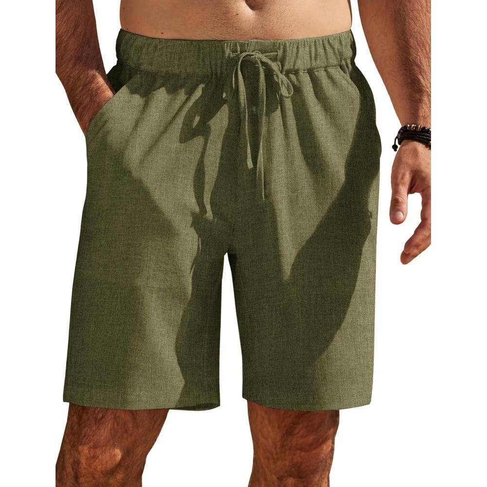 imageCOOFANDY Mens Casual Shorts Elastic Waist Drawstring Shorts Summer Beach Linen ShortsArmy Green