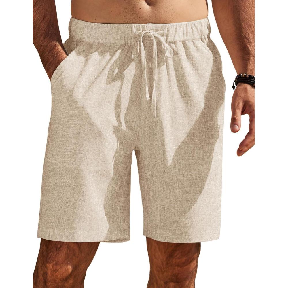 imageCOOFANDY Mens Casual Shorts Elastic Waist Drawstring Shorts Summer Beach Linen ShortsBeige