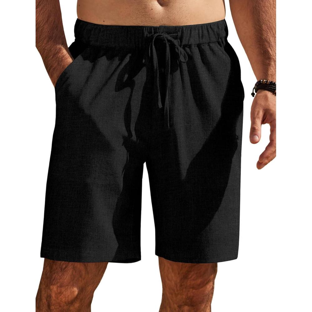 imageCOOFANDY Mens Casual Shorts Elastic Waist Drawstring Shorts Summer Beach Linen ShortsBlack