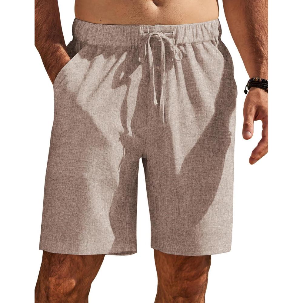 imageCOOFANDY Mens Casual Shorts Elastic Waist Drawstring Shorts Summer Beach Linen ShortsKhaki