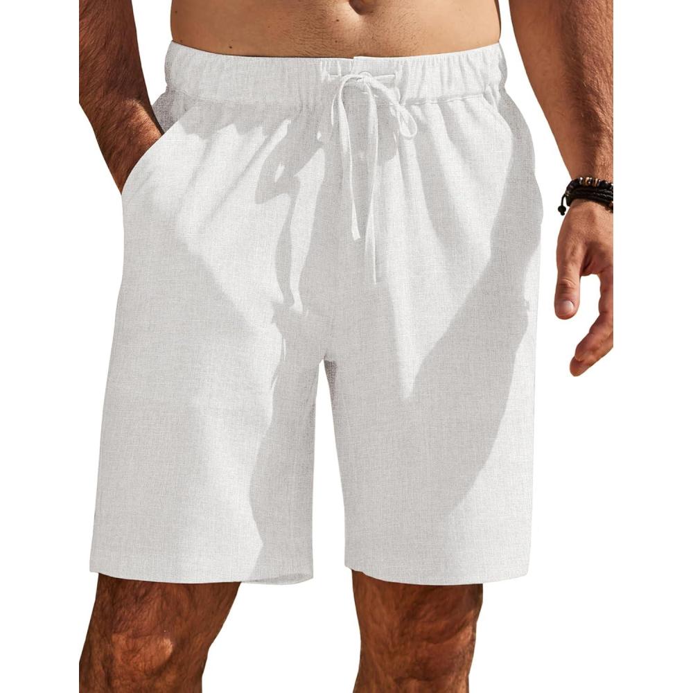 imageCOOFANDY Mens Casual Shorts Elastic Waist Drawstring Shorts Summer Beach Linen ShortsWhite