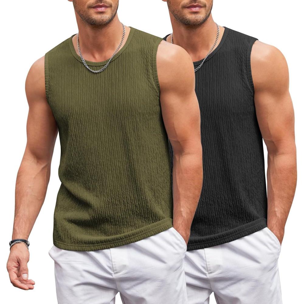 imageCOOFANDY Mens Casual Tank Tops 2 Pack Knit Sleeveless Lightweight Tee Muscle Basic T ShirtsBlackArmy Green