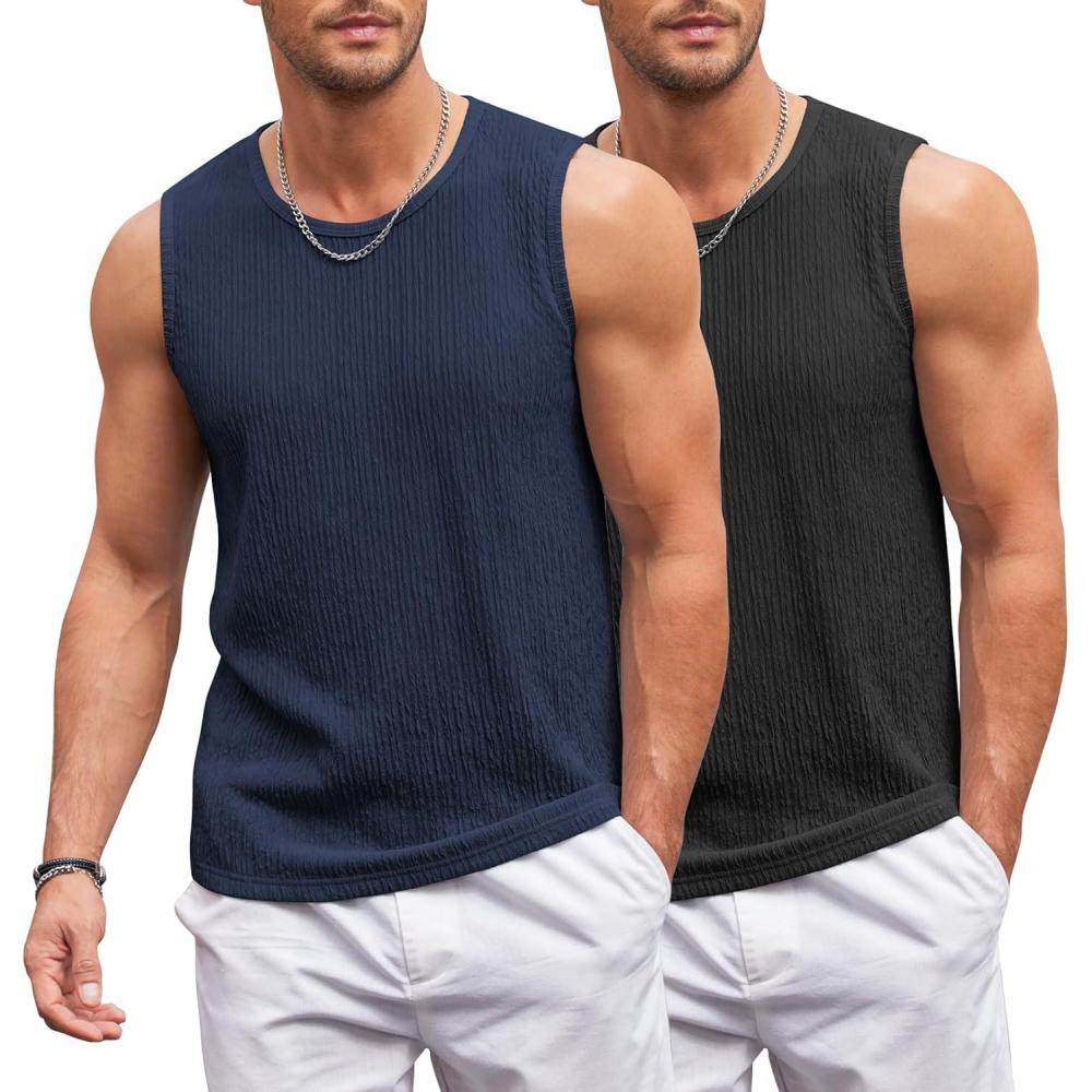 imageCOOFANDY Mens Casual Tank Tops 2 Pack Knit Sleeveless Lightweight Tee Muscle Basic T ShirtsBlackNavy Blue