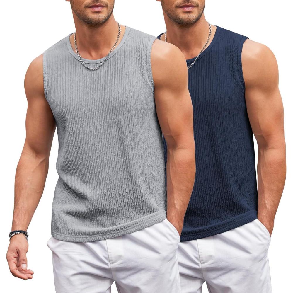 imageCOOFANDY Mens Casual Tank Tops 2 Pack Knit Sleeveless Lightweight Tee Muscle Basic T ShirtsNavy BlueLight Grey