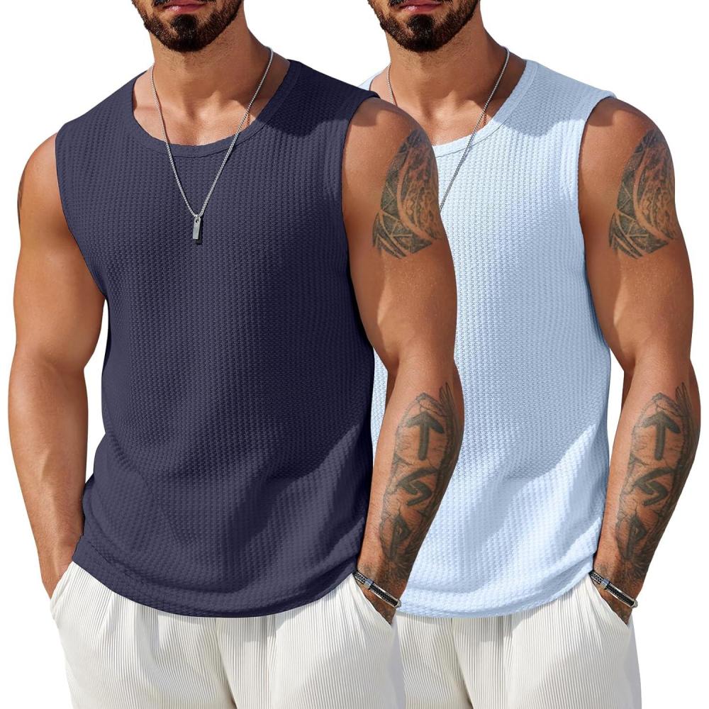 imageCOOFANDY Mens Casual Tank Tops 2 Pack Knit Sleeveless Lightweight Tee Muscle Basic T ShirtsNavyLight Blue