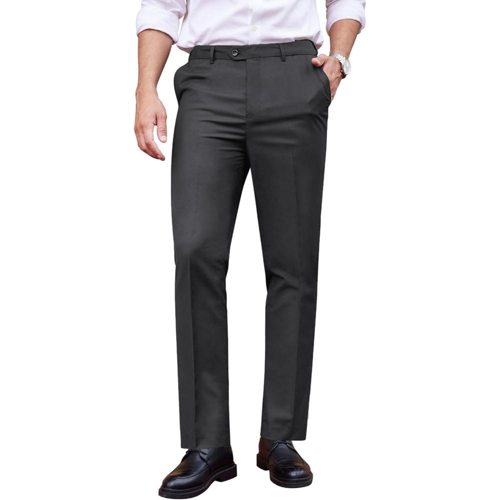 imageCOOFANDY Mens Classic Fit Dress Pants Flat Front Straight Formal Pants Wrinkle Free Expandable Waist Suit PantsDark Grey