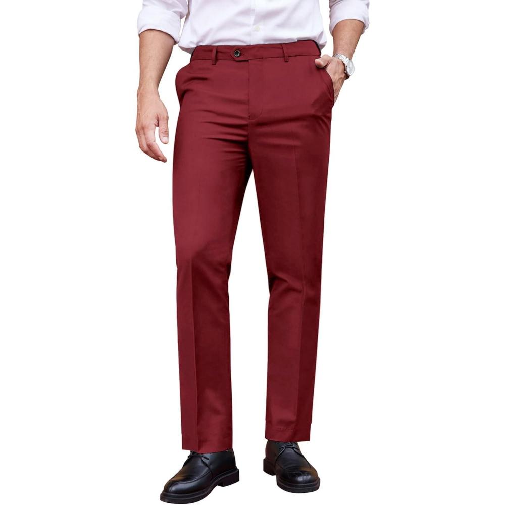 imageCOOFANDY Mens Classic Fit Dress Pants Flat Front Straight Formal Pants Wrinkle Free Expandable Waist Suit PantsWine Red