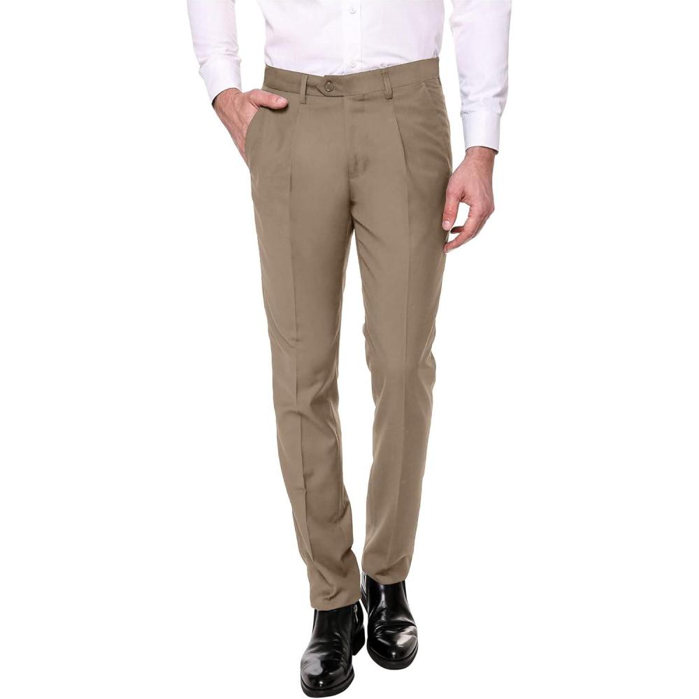 imageCOOFANDY Mens Classic Fit Flat Front Dress Pants No Iron Premium Casual Pants Expandable Waist Suit PantsKhaki