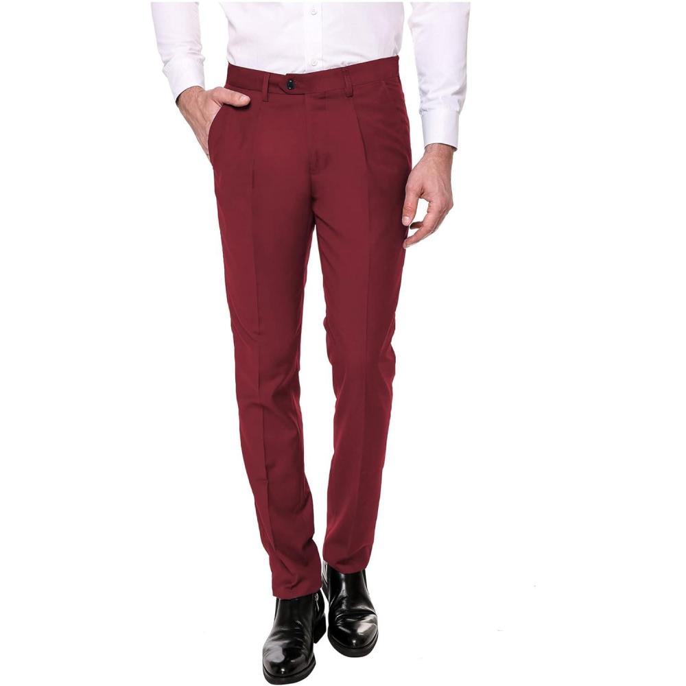 imageCOOFANDY Mens Classic Fit Flat Front Dress Pants No Iron Premium Casual Pants Expandable Waist Suit PantsWine Red