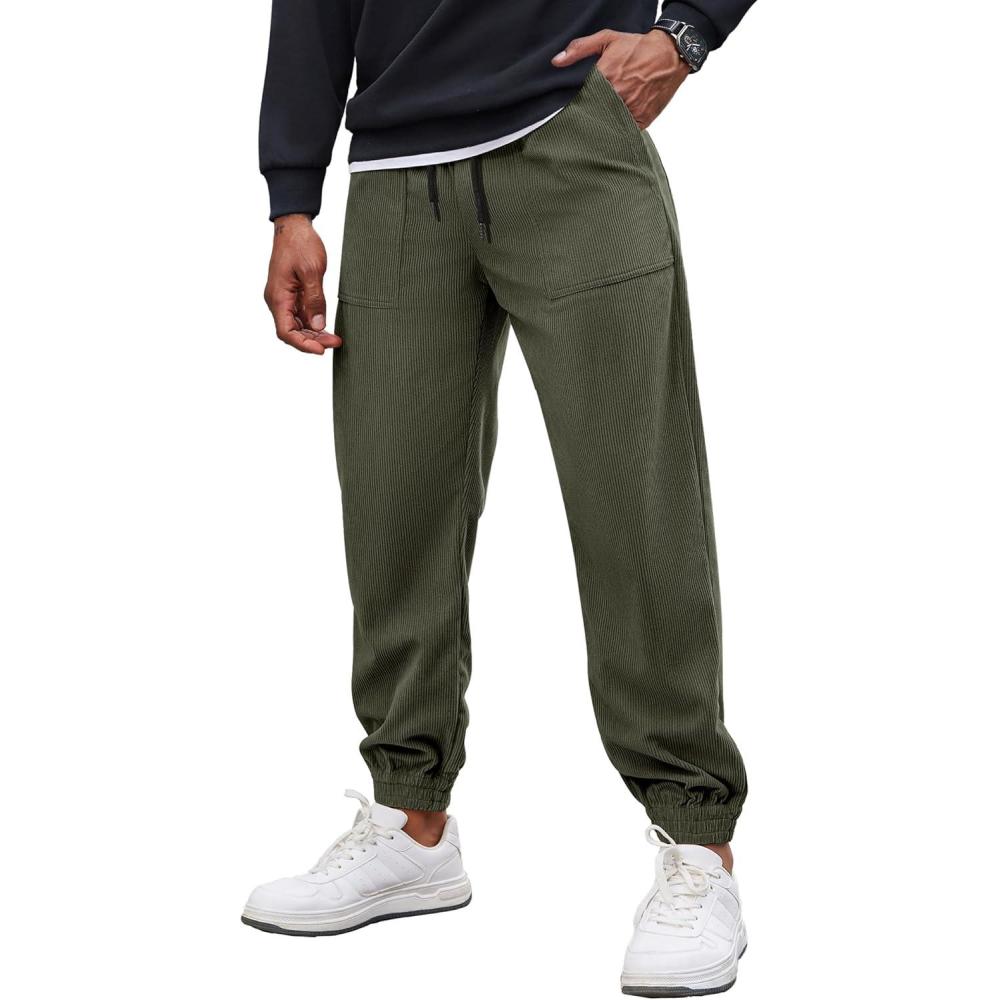 imageCOOFANDY Mens Corduroy Pants Casual Drawstring Trousers Elastic Waist Fashion Tapered Streetwear Joggers with PocketsArmy Green