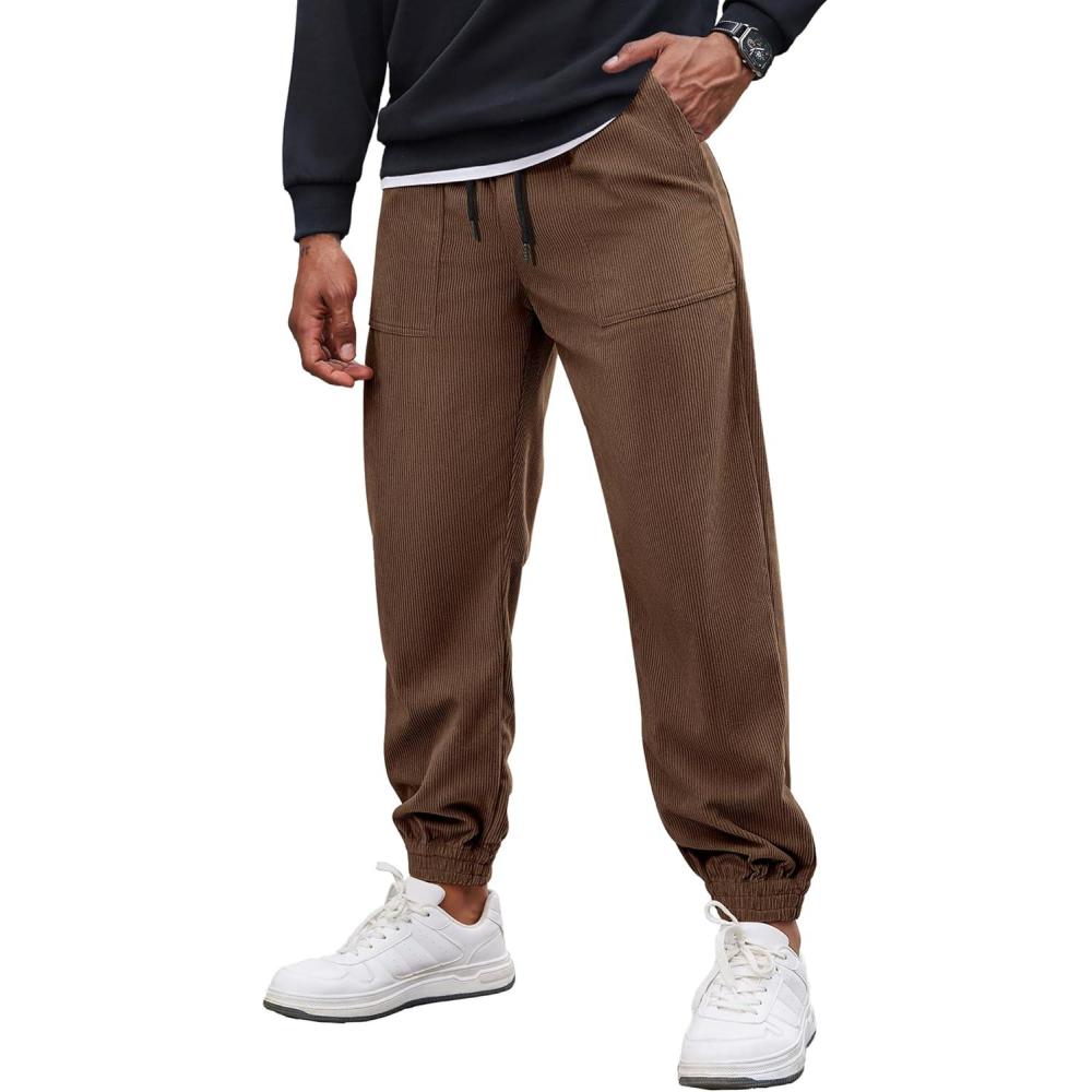 imageCOOFANDY Mens Corduroy Pants Casual Drawstring Trousers Elastic Waist Fashion Tapered Streetwear Joggers with PocketsBrown