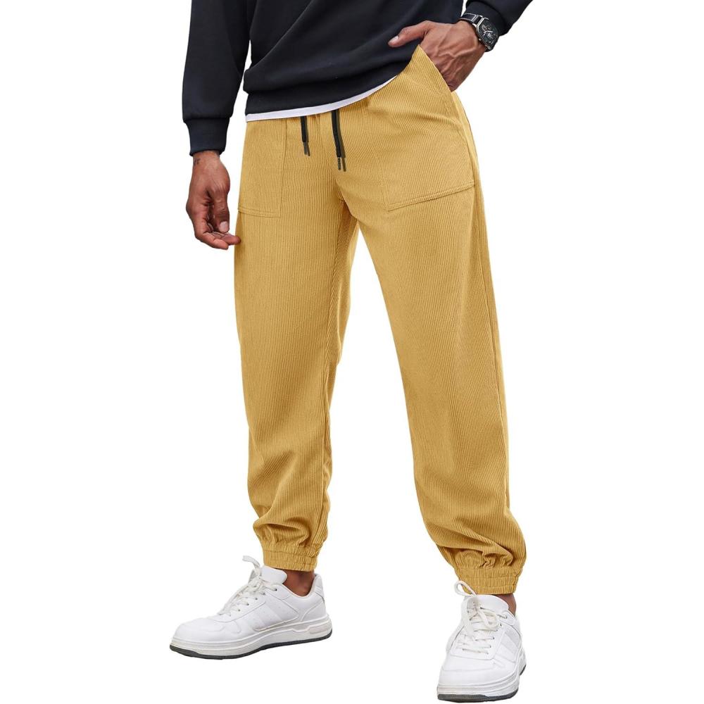 imageCOOFANDY Mens Corduroy Pants Casual Drawstring Trousers Elastic Waist Fashion Tapered Streetwear Joggers with PocketsGinger Yellow