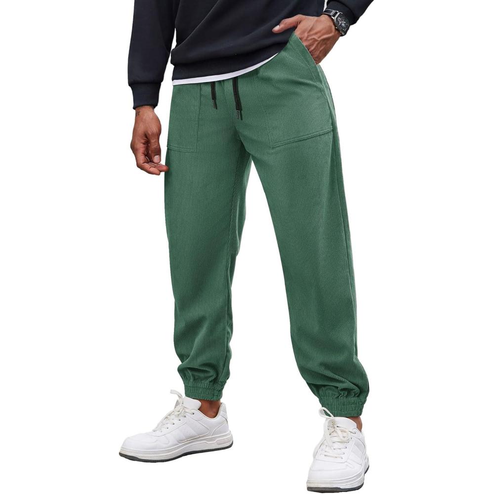 imageCOOFANDY Mens Corduroy Pants Casual Drawstring Trousers Elastic Waist Fashion Tapered Streetwear Joggers with PocketsPeacock Green