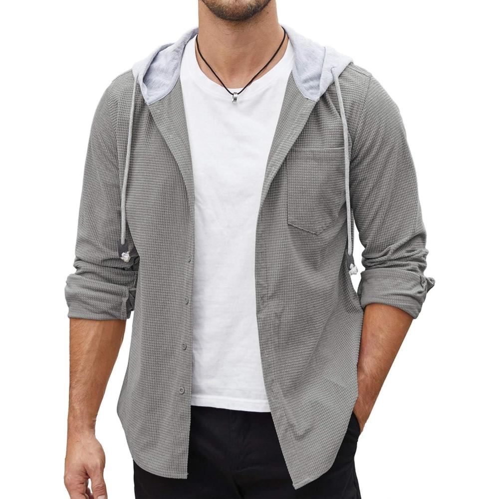 imageCOOFANDY Mens Corduroy Shirt Jackets Long Sleeve Button Down Casual Stylish Hooded Shacket Jacket with PocketGrey