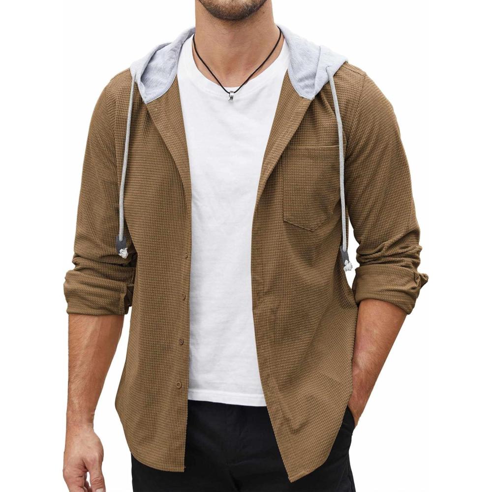 imageCOOFANDY Mens Corduroy Shirt Jackets Long Sleeve Button Down Casual Stylish Hooded Shacket Jacket with PocketLight Brown
