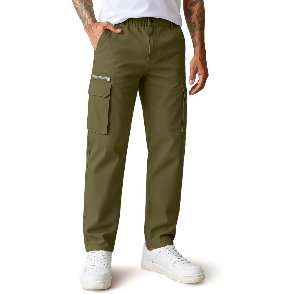 imageCOOFANDY Mens Cotton Cargo Pants Relaxed Fit Elastic Waist Casual Pants Stretch Work Cargo Pant with PocketsArmy Green