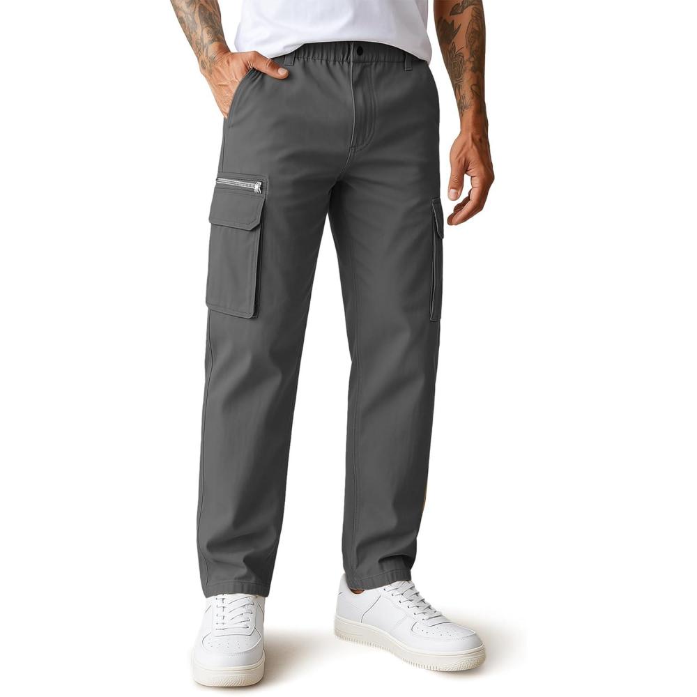 imageCOOFANDY Mens Cotton Cargo Pants Relaxed Fit Elastic Waist Casual Pants Stretch Work Cargo Pant with PocketsDark Grey