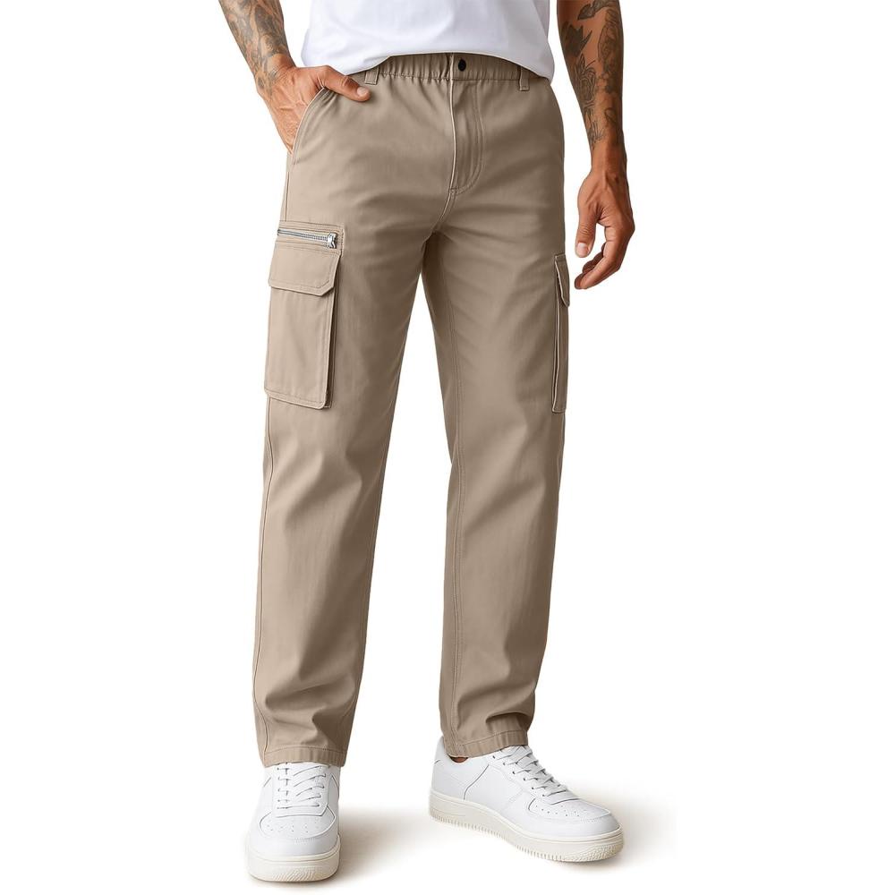 imageCOOFANDY Mens Cotton Cargo Pants Relaxed Fit Elastic Waist Casual Pants Stretch Work Cargo Pant with PocketsDark Khaki