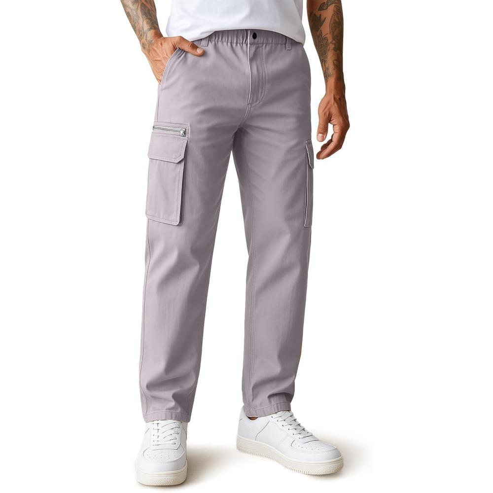 imageCOOFANDY Mens Cotton Cargo Pants Relaxed Fit Elastic Waist Casual Pants Stretch Work Cargo Pant with PocketsLight Grey