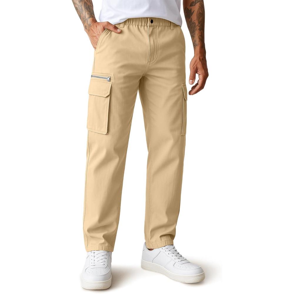 imageCOOFANDY Mens Cotton Cargo Pants Relaxed Fit Elastic Waist Casual Pants Stretch Work Cargo Pant with PocketsLight Khaki