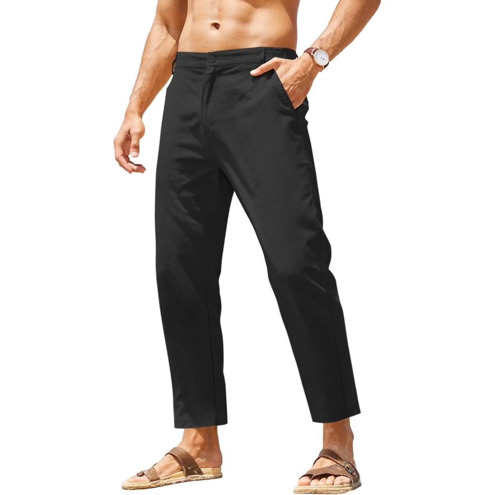 imageCOOFANDY Mens Cotton Linen Pants Elastic Waist Lightweight Casual Pants Relaxed Fit Yoga Beach Pants with Pockets02black