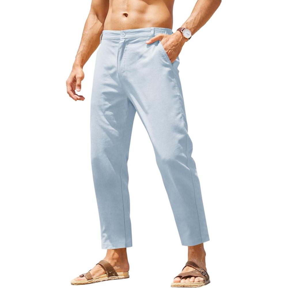 imageCOOFANDY Mens Cotton Linen Pants Elastic Waist Lightweight Casual Pants Relaxed Fit Yoga Beach Pants with Pockets02blue