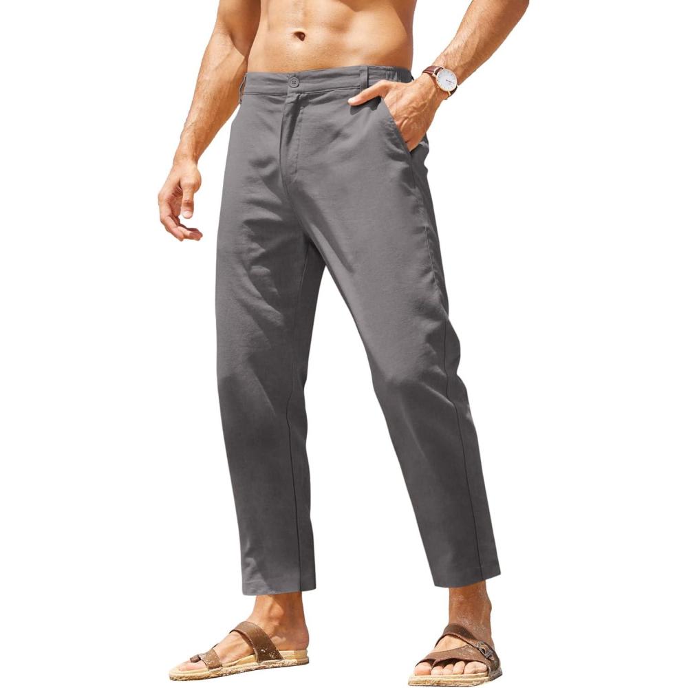 imageCOOFANDY Mens Cotton Linen Pants Elastic Waist Lightweight Casual Pants Relaxed Fit Yoga Beach Pants with Pockets02dark Grey